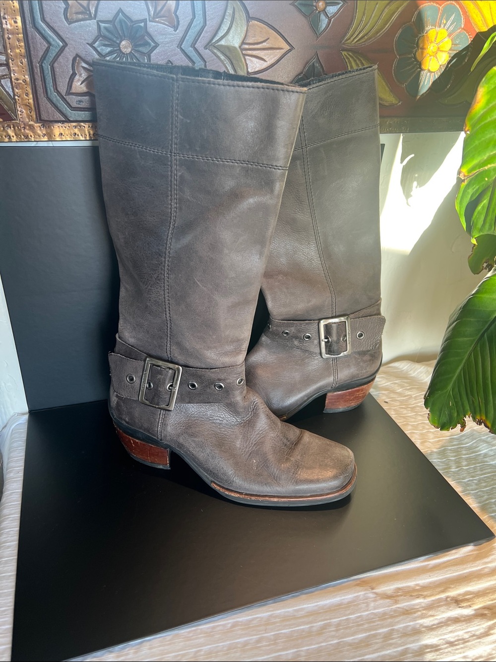 Wolky Gray-Brown Mid-Calf Leather Buckle Boots